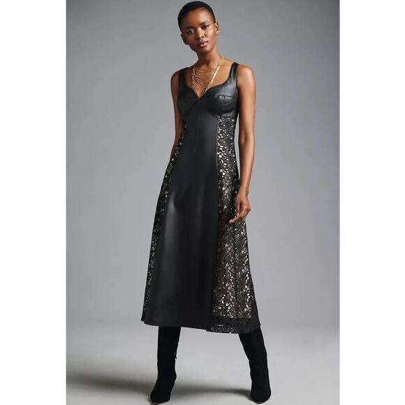 NWT By Anthropologie Faux Leather Lace Dress in Black Size 4